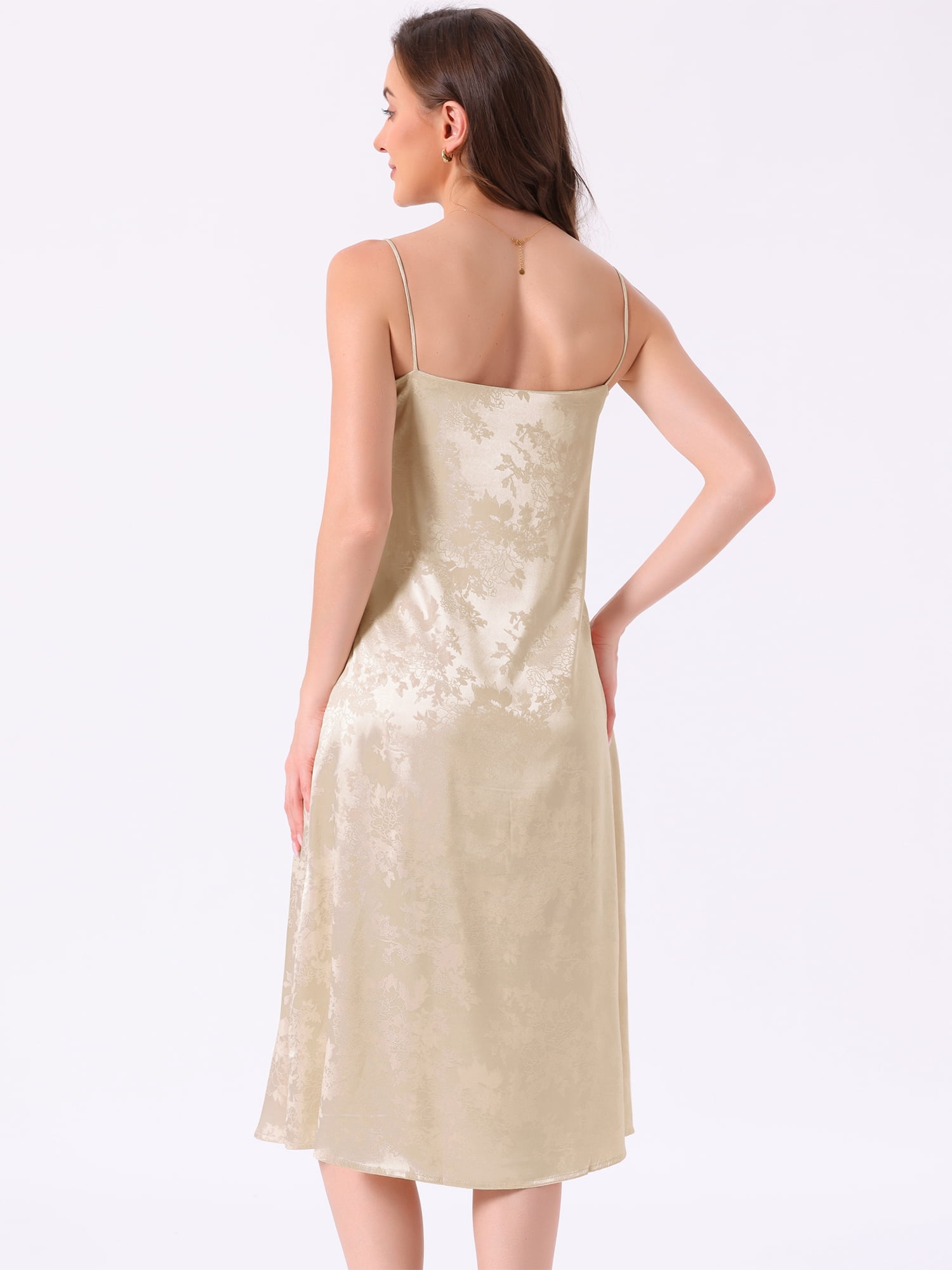 DARING DIVA Women's Satin Floral V Neck Spaghetti Strap Slip Nightgowns L Champagne