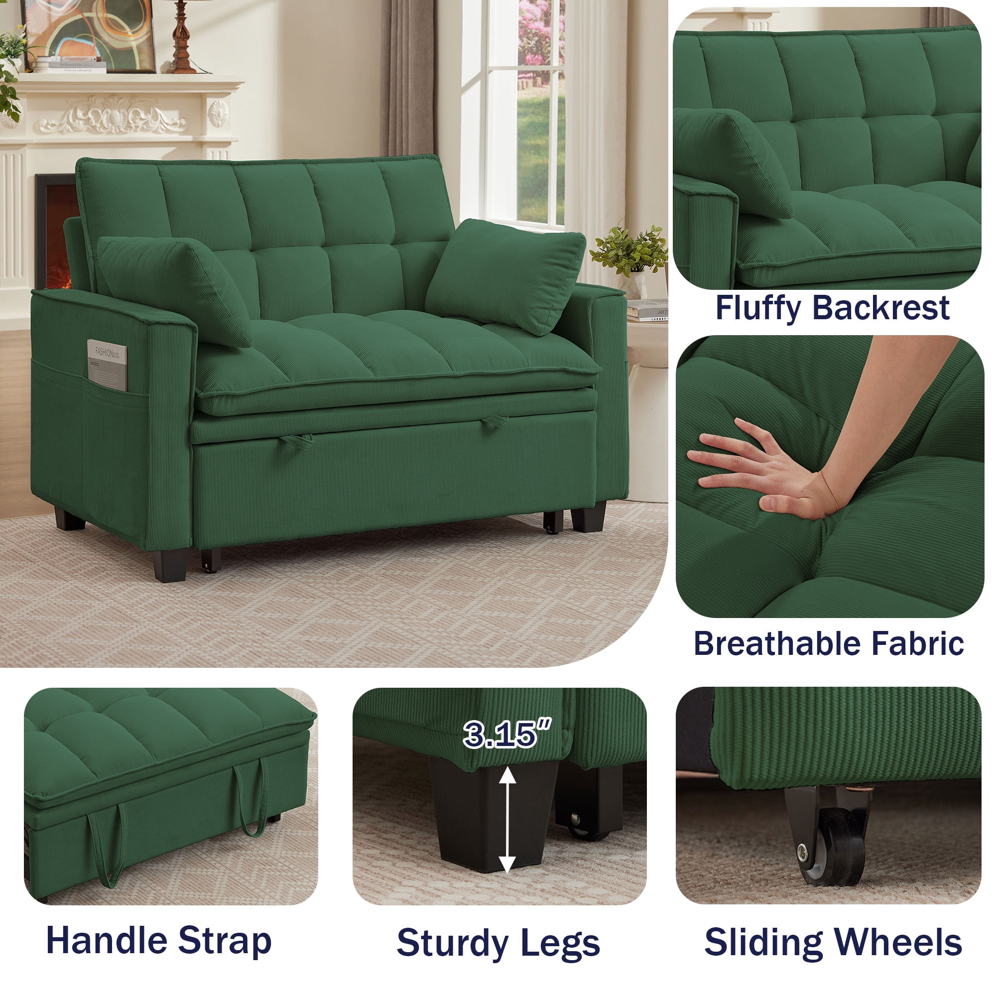 Pingliang Home Convertible Loveseat Reclining Sleeper Sofa Pull Out Bed,2 Seat Small Couch with Storage Side Pockets,for Living Room Apartment Office Studio
