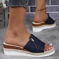 thumbnail image 6 of Women’s Denim Fabric Jute Trim Wedge Slide Sandals, Metal Button Decor Open Toe Indoor Outdoor Platform Slippers, 6 of 6