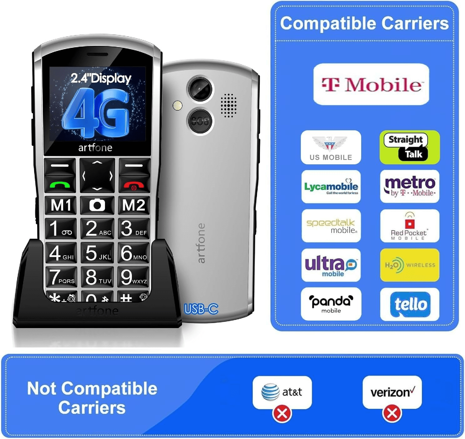artfone A400 - 4G LTE Big Button Cell Phone for Seniors, T-Mobile Unlocked Phone, Senior Mobile Phone, Dual SIM, SOS Button, 2MP Camera, Charging Dock, Talk and Text Only, Dumb Phone, 1800mAh, Silver