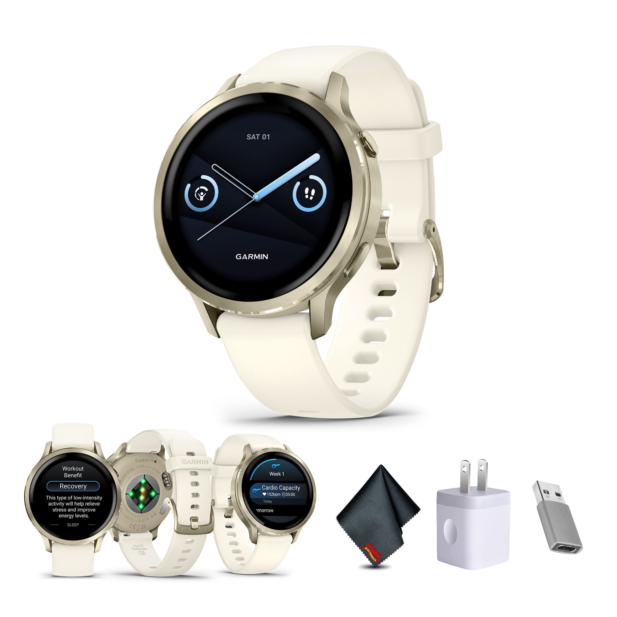 Garmin Venu 4 41mm GPS Fitness Smartwatch, Lunar Gold with Bone Band Bundle
