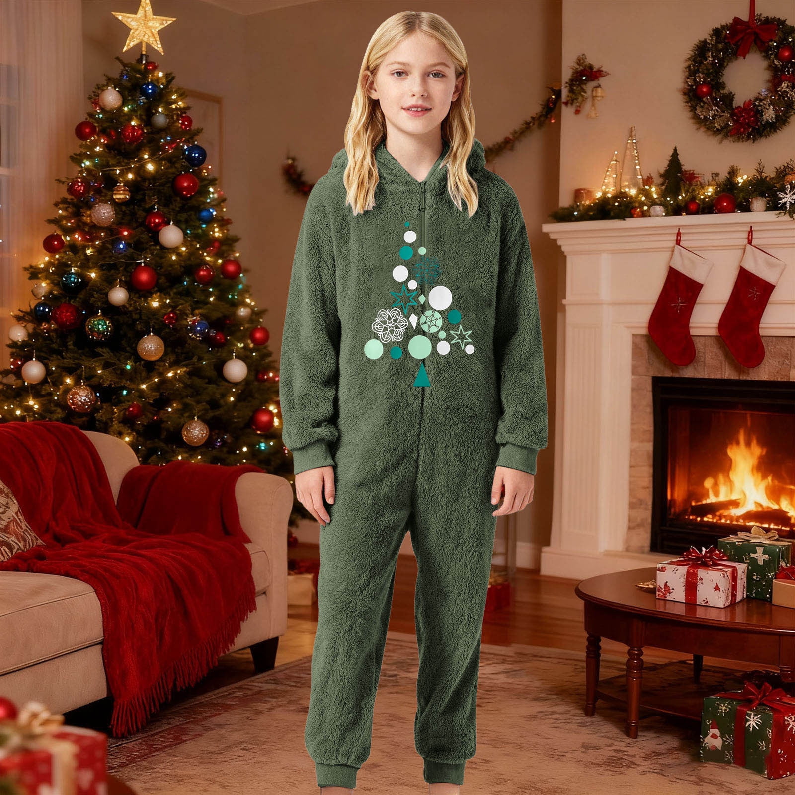 FYDUU Christmas Girls Zip Up Jumpsuits Kids Fuzzy Hooded Rompers Soft Cozy Onesie Pajamas One-Piece Warm Winter Clothes Fashion Onesie 11-12 Years