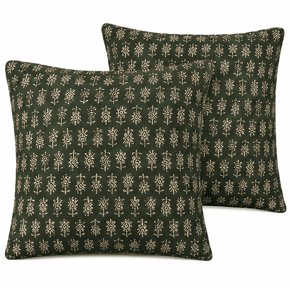 Green Floral Decorative Throw Pillow Covers 20x20 Inch Set of 2, Linen-Like Double-Sided Square Cushion Cases, Boho Farmhouse Style Pillowcases for Couch Sofa Bed Living Room, Pillow Inserts