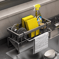 thumbnail image 3 of Carbon Steel Over Sink Dish Rack with Drip Tray - Kitchen Drying Rack Large Capacity Kitchen Organizer Rack , Hooks & Towel Bar, Sponge Holder, Anti-Pooling, No Drill, Gray, 3 of 5