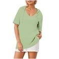 thumbnail image 4 of Scyoekwg Women's V Neck Hoodies Short Sleeve Drawstring Pullover Tops with Pocket Summer Casual Loose Blouses (Green,XXL), 4 of 6