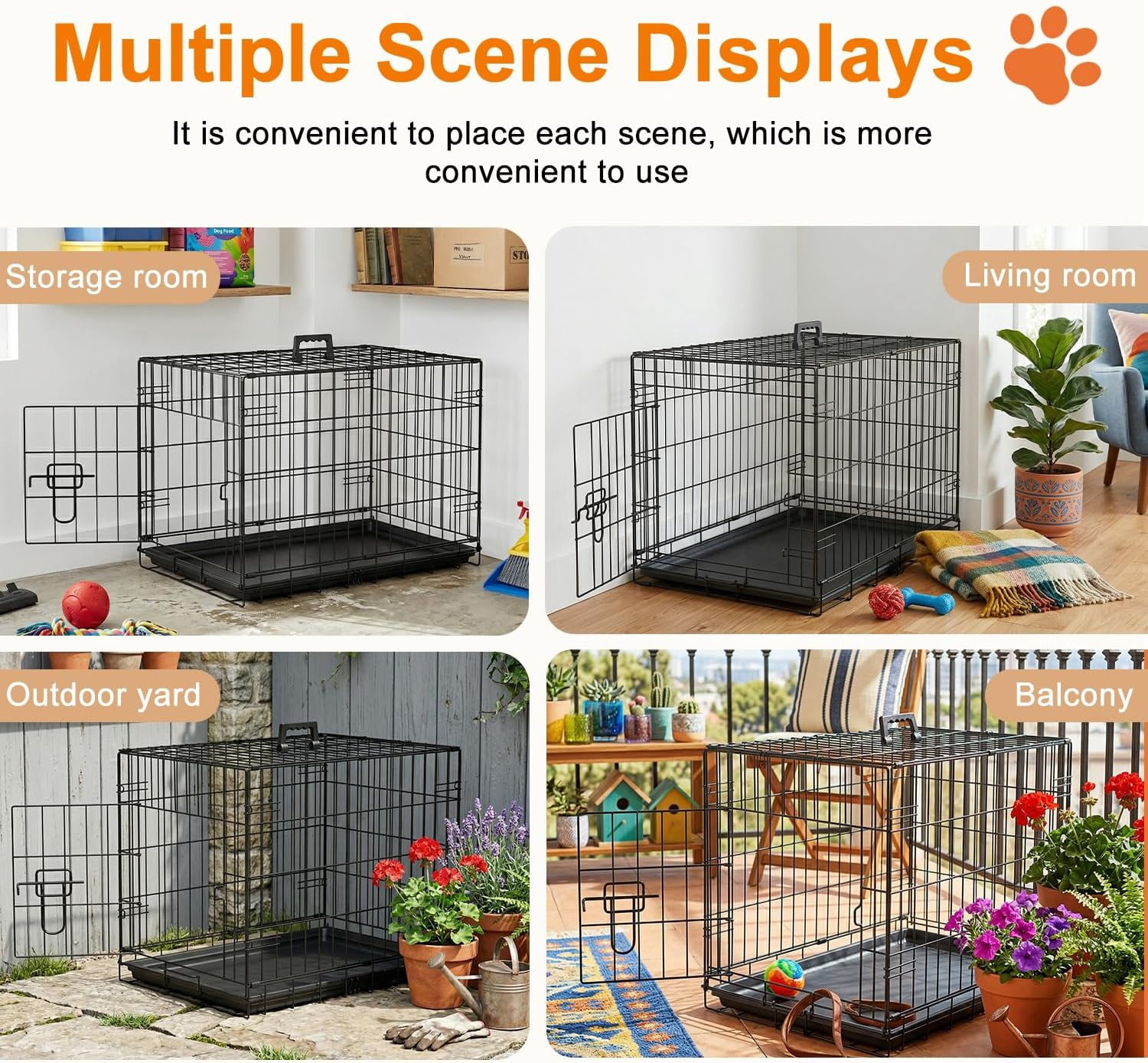 FDW 24 Inch Dog Crate Pet Cage with Metal Folding Design Plastic Tray Indoor Outdoor Dog Kennel Cage for Small Dogs,Black