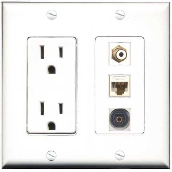 RiteAV - 15 Amp Power Outlet 1 Port RCA White 1 Port Toslink 1 Port Cat6 Ethernet Ethernet White Decorative Wall Plate
