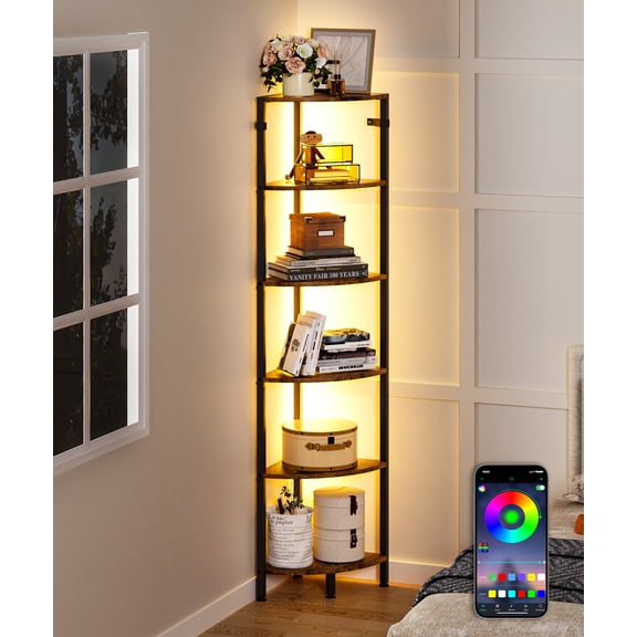 Enogets 66.9'' Tall Corner Shelf, 6 Tier Freestanding Corner Shelving Unit with LED Light, Metal Storage Rack, Space Saving Corner Display Shelf for Living Room