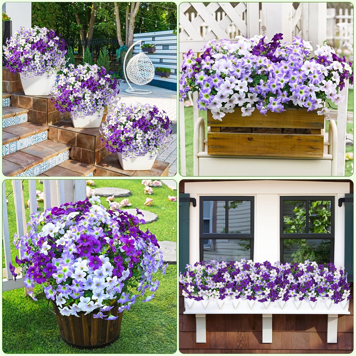 Yastouay 12 Bundles Artificial Petunias Flowers for Outdoors,UV Resistant Fake Flowers for Planters,Purple White Faux Petunias Silk Flowers for Proch Garden Yard Decor