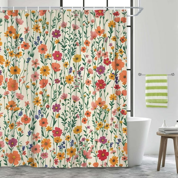 Colorful Floral Shower Curtain, Retro Pink Cute Boho Flower Leaves Shower Curtains for Bathroom, Modern Watercolor Wildflower Bath Fabric Shower Curtain Set with Hooks, 72X72in