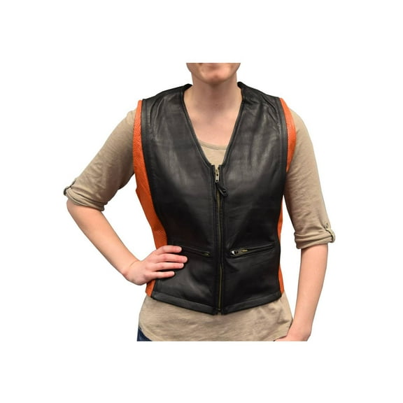 Redline Leather Women's Orange & Black Leather Motorcycle Vest L-3430 (L)