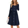 thumbnail image 2 of Lovzfmll Robe Longue Évasée à Manches Longues, Col Rond, Unie, Élégante, à Volants pour Femme, Bleu Marine, 2TG, 2 of 6