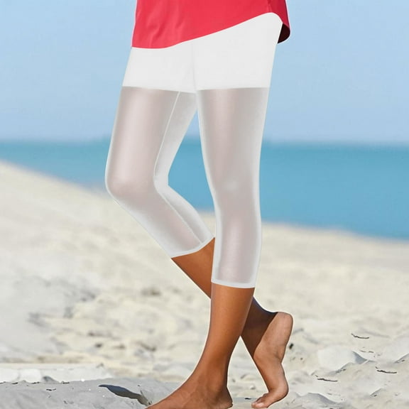 Ndbuld Leggings for Women Women's Summer High Waisted Solid Color Capris Mesh Splicing Slim Fitting Yoga Gym Pants Sales Today Clearance White XL