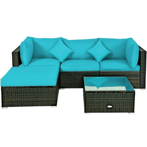 YYAo Patio Furniture Set, Outdoor Patio Set,5 Pcs Outdoor Patio Rattan Furniture Set Sectional Conversation with Navy Cushions-Turquoise