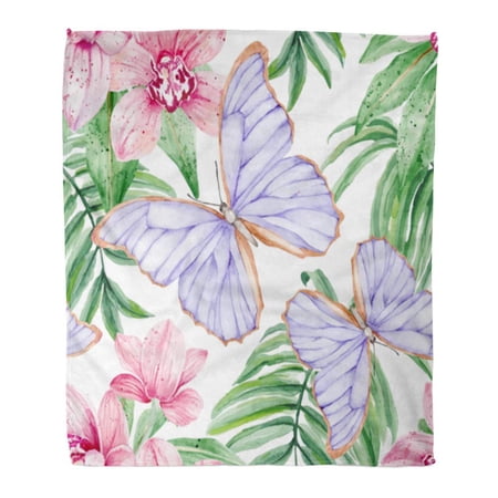SIDONKU Throw Blanket Warm Cozy Print Flannel Tropical Butterflies and Pink Orchids Hand Watercolor Pattern Comfortable Soft for Bed Sofa and Couch 58x80 Inches