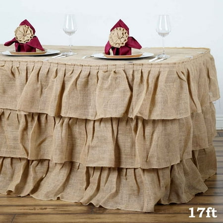 Efavormart 3 Tier Rustic Elegant Ruffled Burlap Table Skirt for Kitchen Dining Catering Wedding Birthday Party Decorations Events