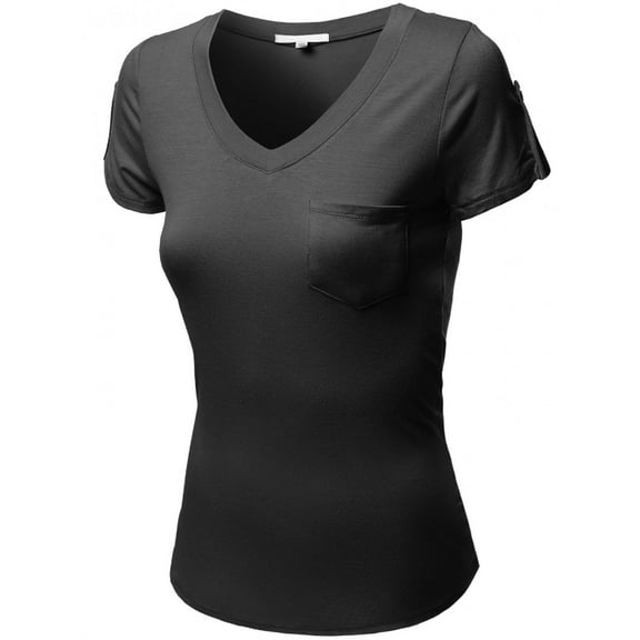 FashionOutfit Women's Short Sleeve Decorative Button Epaulet Pocket V Neck T Shirt Tops