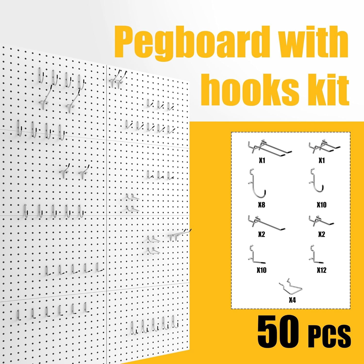 Peg Board, 8 Pack Metal Pegboard Panels with 50 Hooks, White Pegboards Wall Organizer, Peg Board for Walls Home, Garage Tool Storage, Office Organization, Craft Room