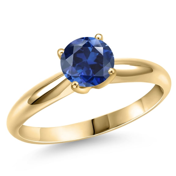 Gem Stone King 14K Yellow Gold Blue Created Sapphire Engagement Ring for Women | 1.60 Cttw | Round 7MM | Gemstone September Birthstone | Size 6