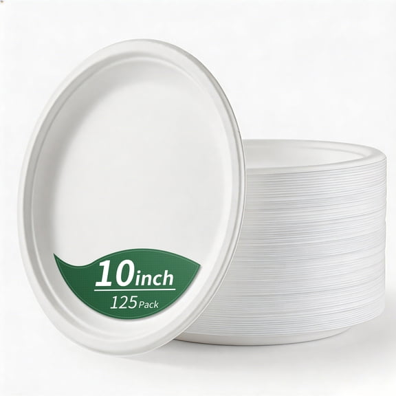 GPED 10 Inch Compostable Paper Plates, 125-Pack Heavy Duty Disposable Plates, Eco-Friendly Biodegradable Sugarcane Bagasse, Perfect Dinner Paper Plate For Party, White