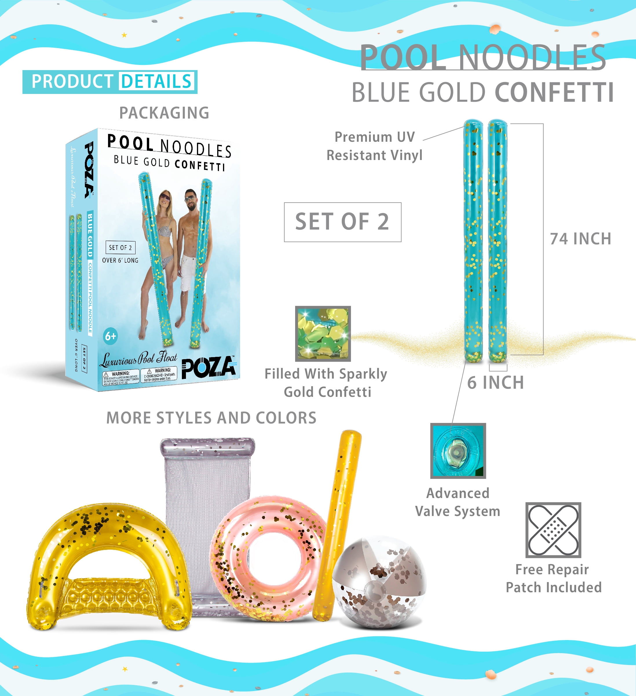 POZA Luxurious Jumbo Inflatable Swimming Pool Noodle, Blue/Gold, 2 Pack