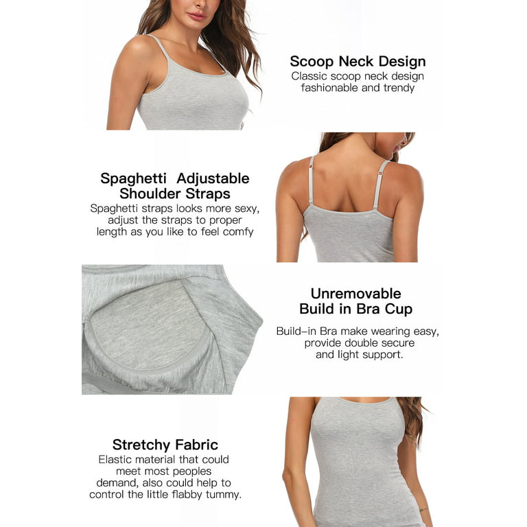 CARCOS 3 Pack Women's Cami With Built-In Shelf Bra Plus Stretch with  Adjustable Spaghetti Straps Basic Undershirt Layer Tank Top-S