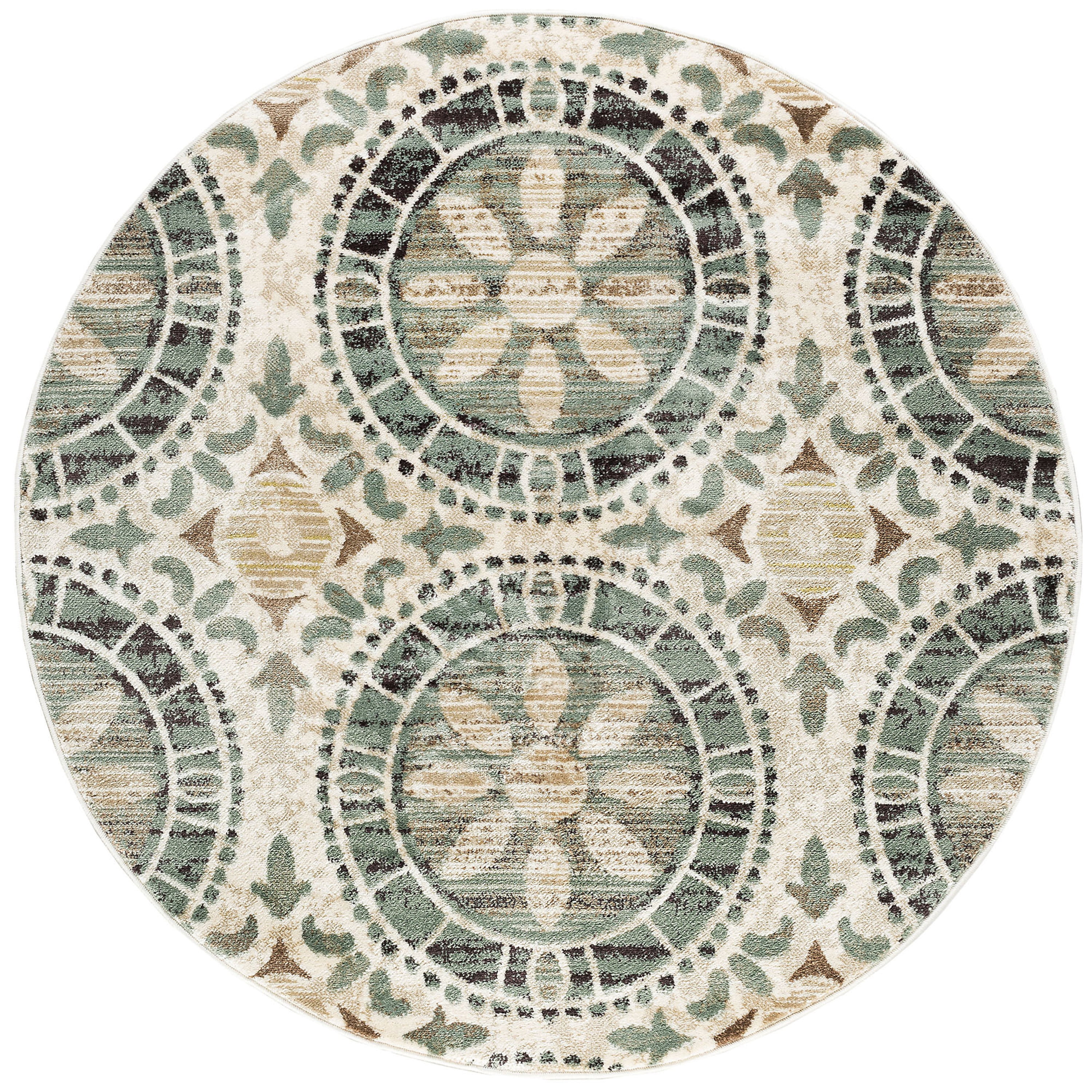Transitional Area Rug (5'3'' Round) Mediterranean Tile Ivory, Seafoam Indoor Round Easy to Clean