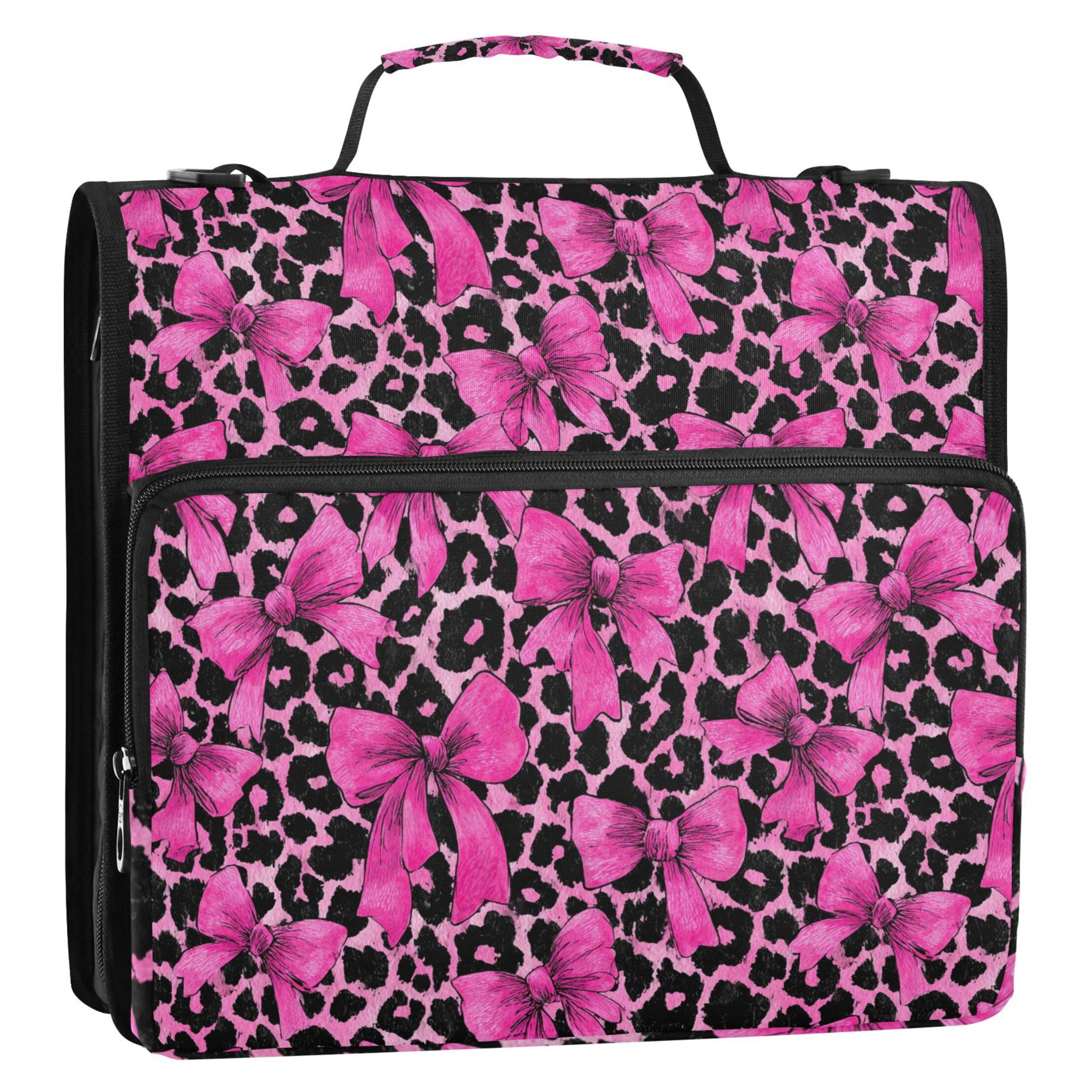 Zipper Binder Bow and Leopard Print 1.5 Inch Binder Folder Bag with Shoulder Strap and Handle