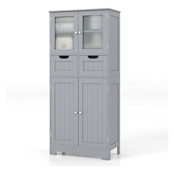 Bathroom Cabinet, Linen Storage Organizer with Doors & Drawers, Wooden Floor Cabinet with Adjustable Shelves for Bathroom, Living Room or Kitchen (Grey)