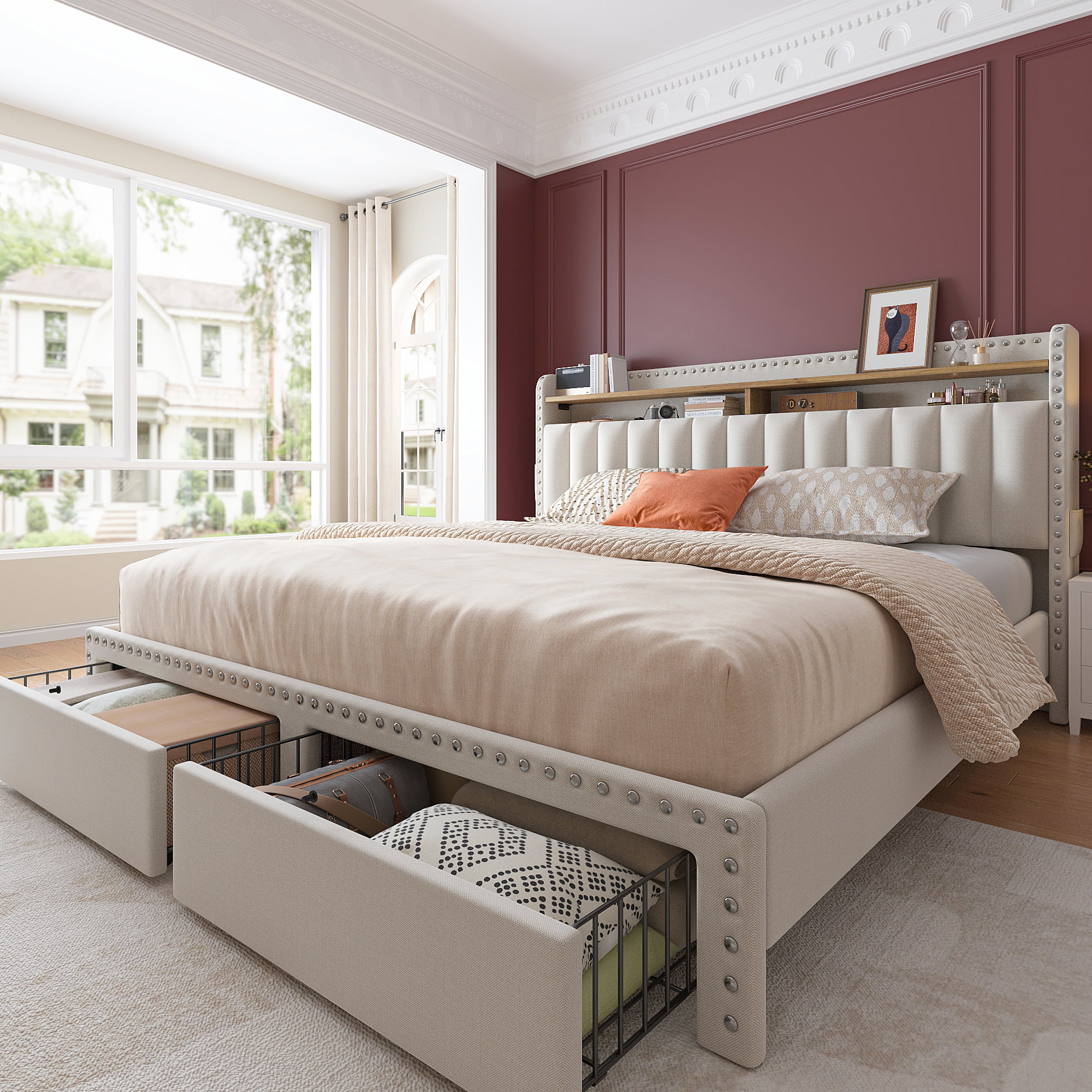EnHomee Queen Bed Frame with Headboard and Storage,Upholistered Queen Bed with Drawers Beige Queen Storage Bed with 2 Large Drawers,Beige Bed Frame with Storage, Beige