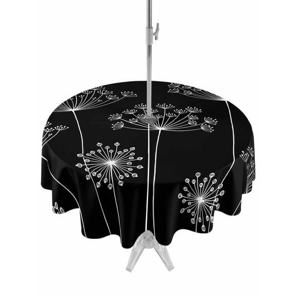 Outdoor Tablecloth with Umbrella Hole and Zipper, Black Dandelion Round Table Cloth 54 Inch Waterproof Tablecloth, Spring Modern Minimalist Country Flower Picnic Table Cover for Patio Camping