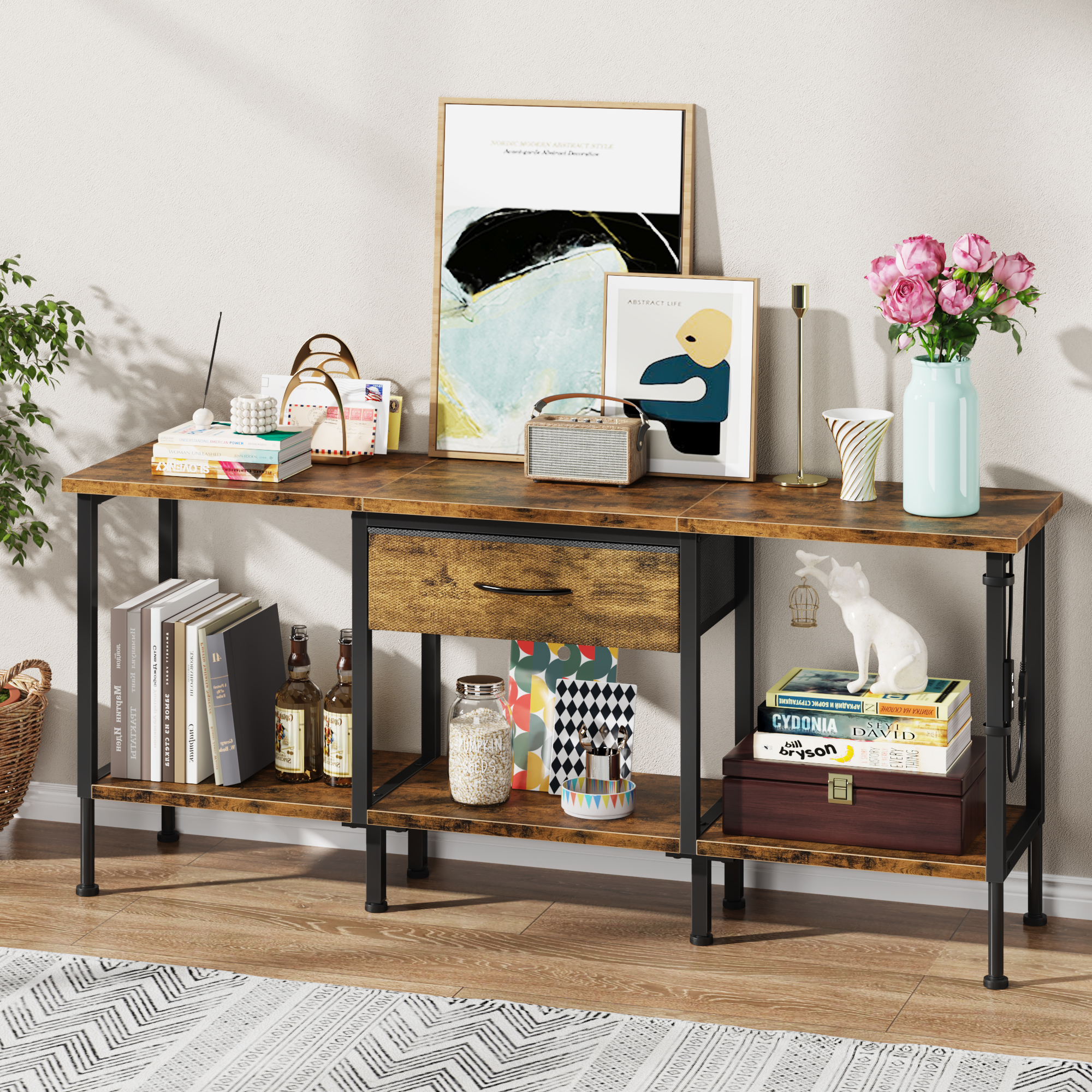 GYIIYUO 55 inch TV Stand with LED Lights, Power Outlets & Fabric Drawer, Rustic Brown Entertainment Center with Storage for Living Room, Bedroom