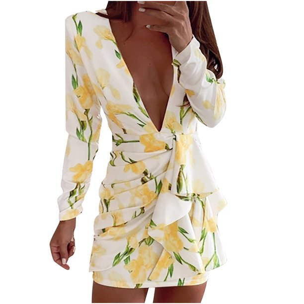 Mini vestido con cuello en V y manga larga con estampado floral informal de moda sexy para mujer Pompotops hdfakjf6542