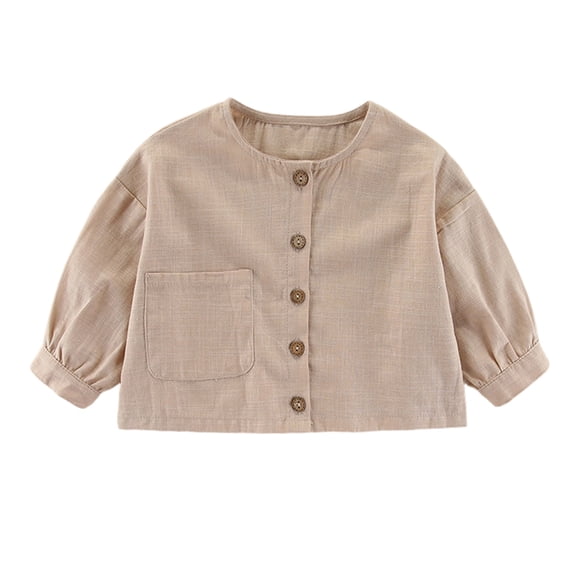 PRfgtbd Toddler Boys Girls Long Sleeve Shirts Relaxed Fit Button Down Linen Shirt For Kids Solid Color Crewneck Shirts Casual Tops Basic Trendy T-Shirts