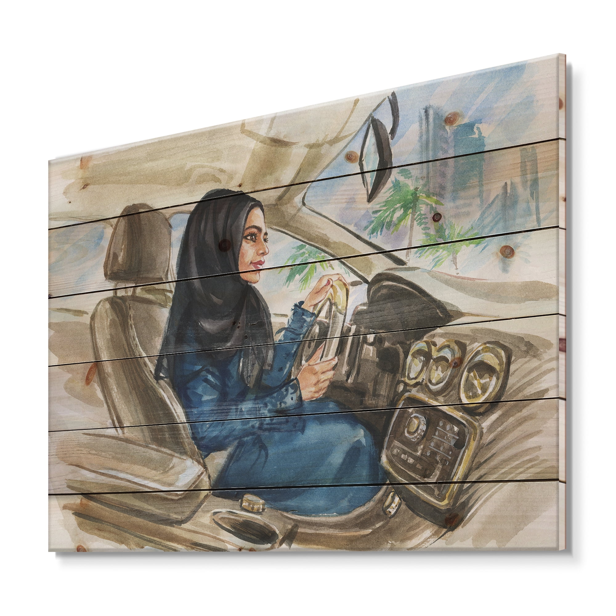 Designart 'Arabian Lady Driving A Car I' Modern Print on Natural Pine Wood