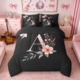 thumbnail image 3 of Erosebridal Black Pink Letter A Floral Bow Print Twin Bedding Sets, Monogram Style Bedding Comforter Set for Girls, Black Reversible 7pcs, 3 of 6