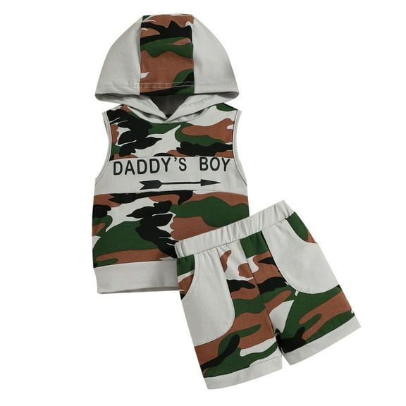 Fsqjgq Toddler Baby Boy Clothes Camouflage Outfits Baby Boys Sports Suit Summer Sleeveless Hooded Tops and Shorts Cotton Clothing Sets 18M