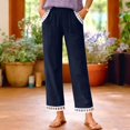 thumbnail image 2 of Lace Linen Pants Women Palazzo Pants Casual Flowy Pants Wide Leg Summer Beach Trousers with Pockets Navy L, 2 of 8
