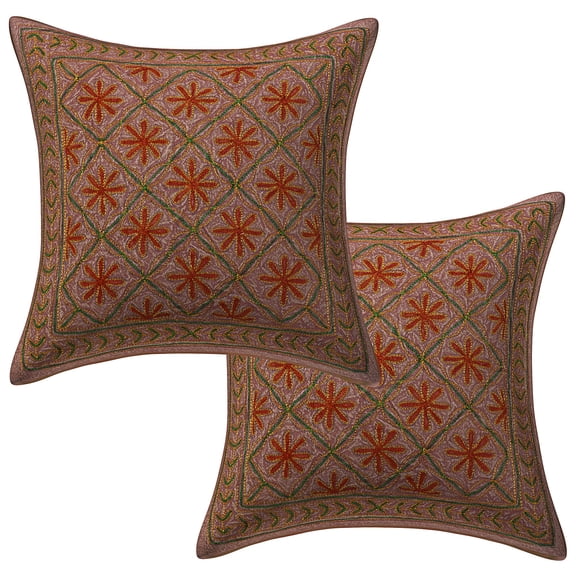 Stylo Culture Ethnic Couch Throw Pillow Covers 16x16 Sequins Gold Zari Embroidered Brown Indian 40 x 40 cm Home Decor Cotton Floral Square Cushion Covers | Set Of 2