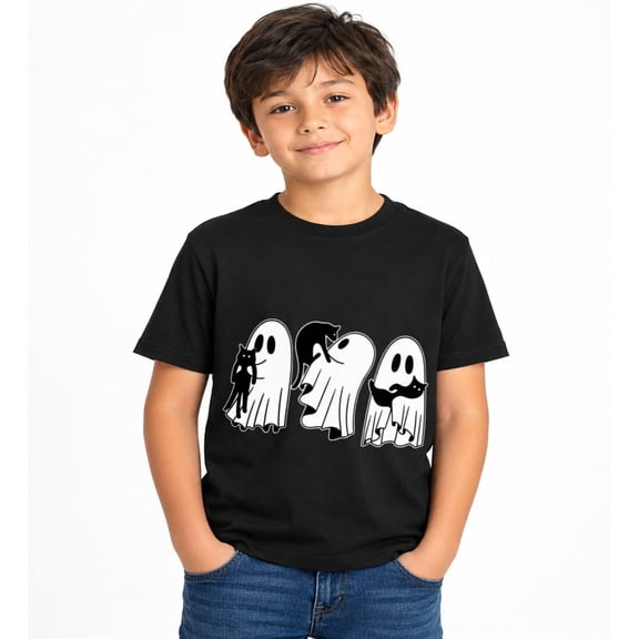 Halloween Cute Ghost Trio Graphic T-Shirt for Boys, Fun Spooky Short Sleeve Shirt for Fall