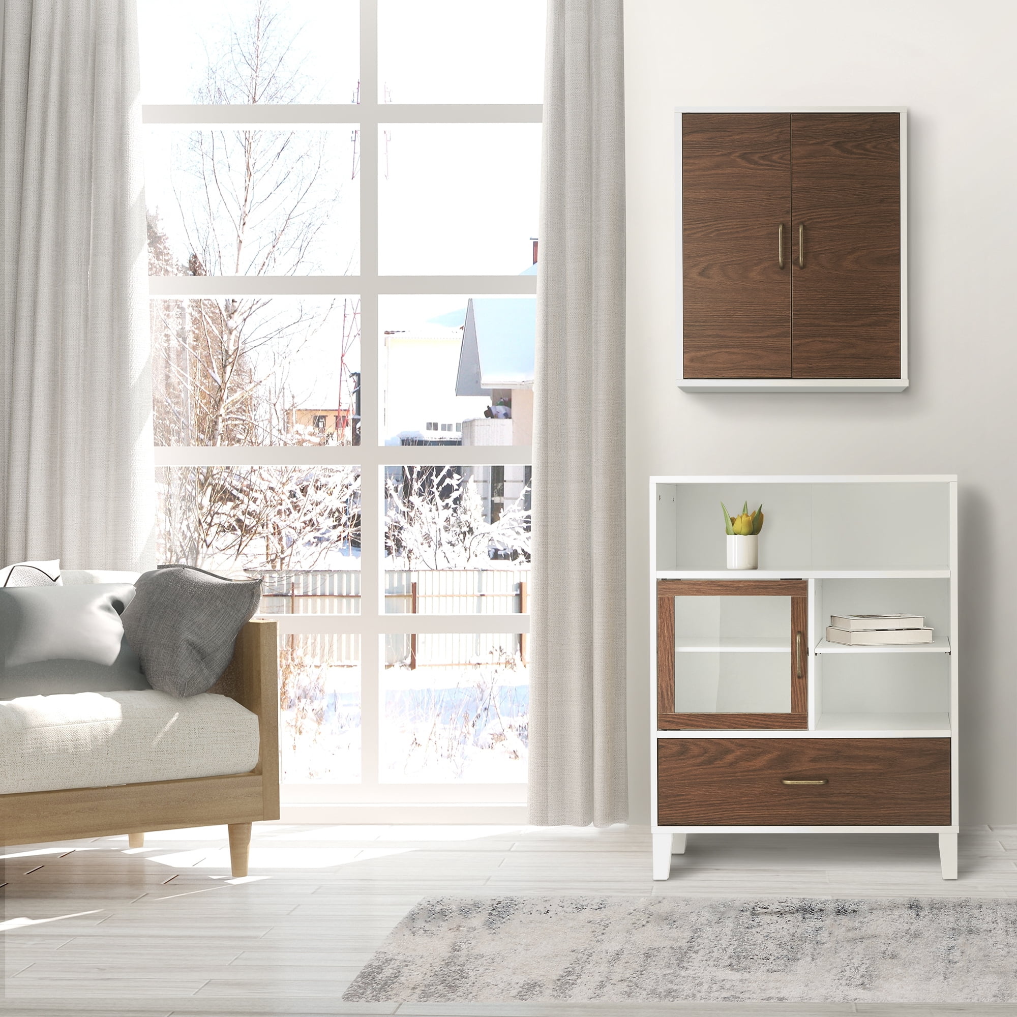 Teamson Home Tyler Freestanding Multifunctional Floor Accent Cabinet, White and Walnut