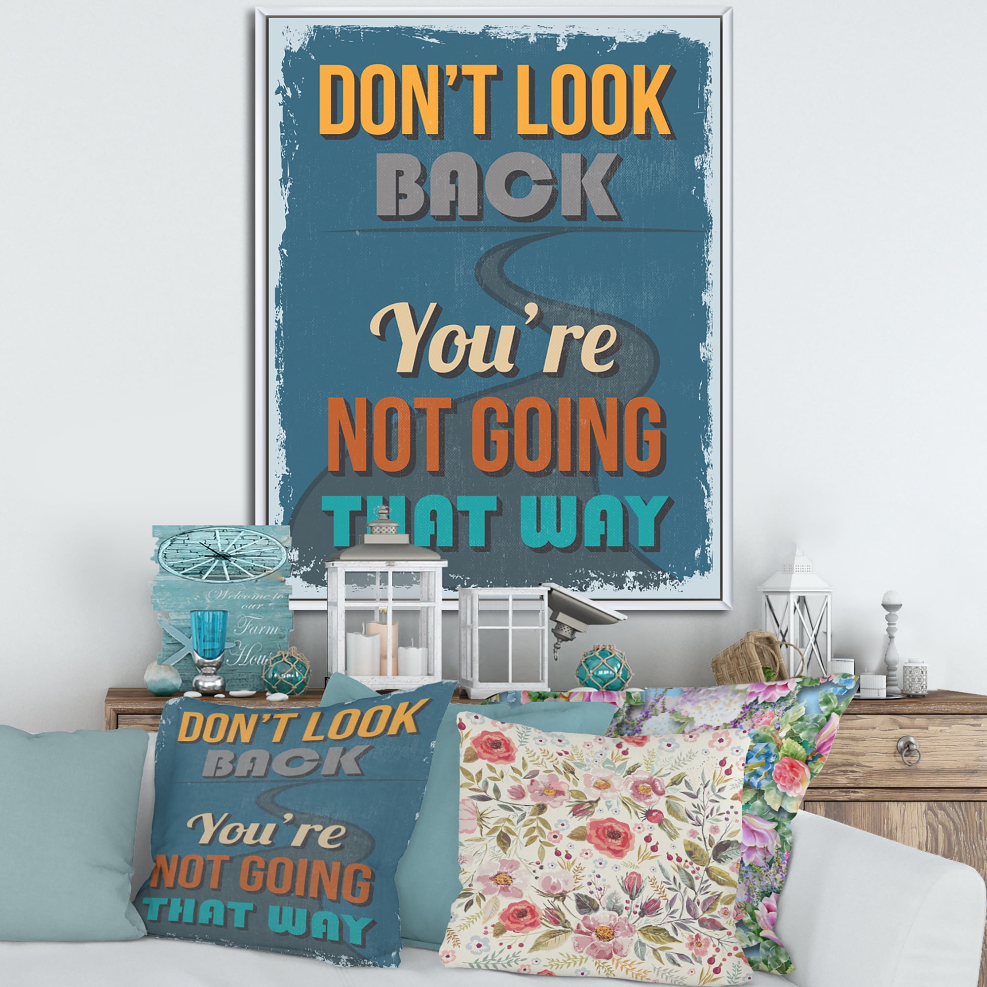 Designart 'Abstract Quote Don't Look Back You're Not Going That Way' Traditional Framed Canvas Wall Art Print