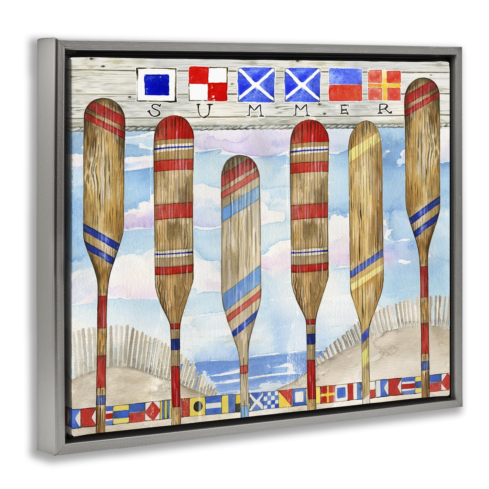 Stupell Industries Nautical Flags & Paddles Nautical & Beach Painting Gray Floater Framed Canvas Art Print Wall Art, 21 x 17