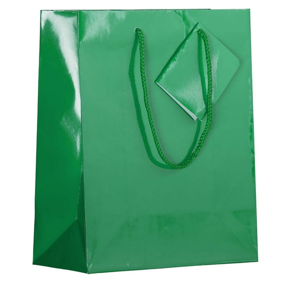 JAM Paper Glossy Gift Bags, 8 x 10 x 4, Green, 100/Pack, Medium