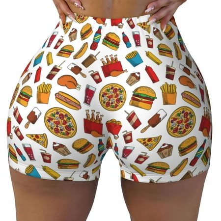 Xecao Hot Dog Pizza Print Workout Shorts for Women Soft Smooth Gym Yoga Scrunch Active Tennis Workout Running Shorts