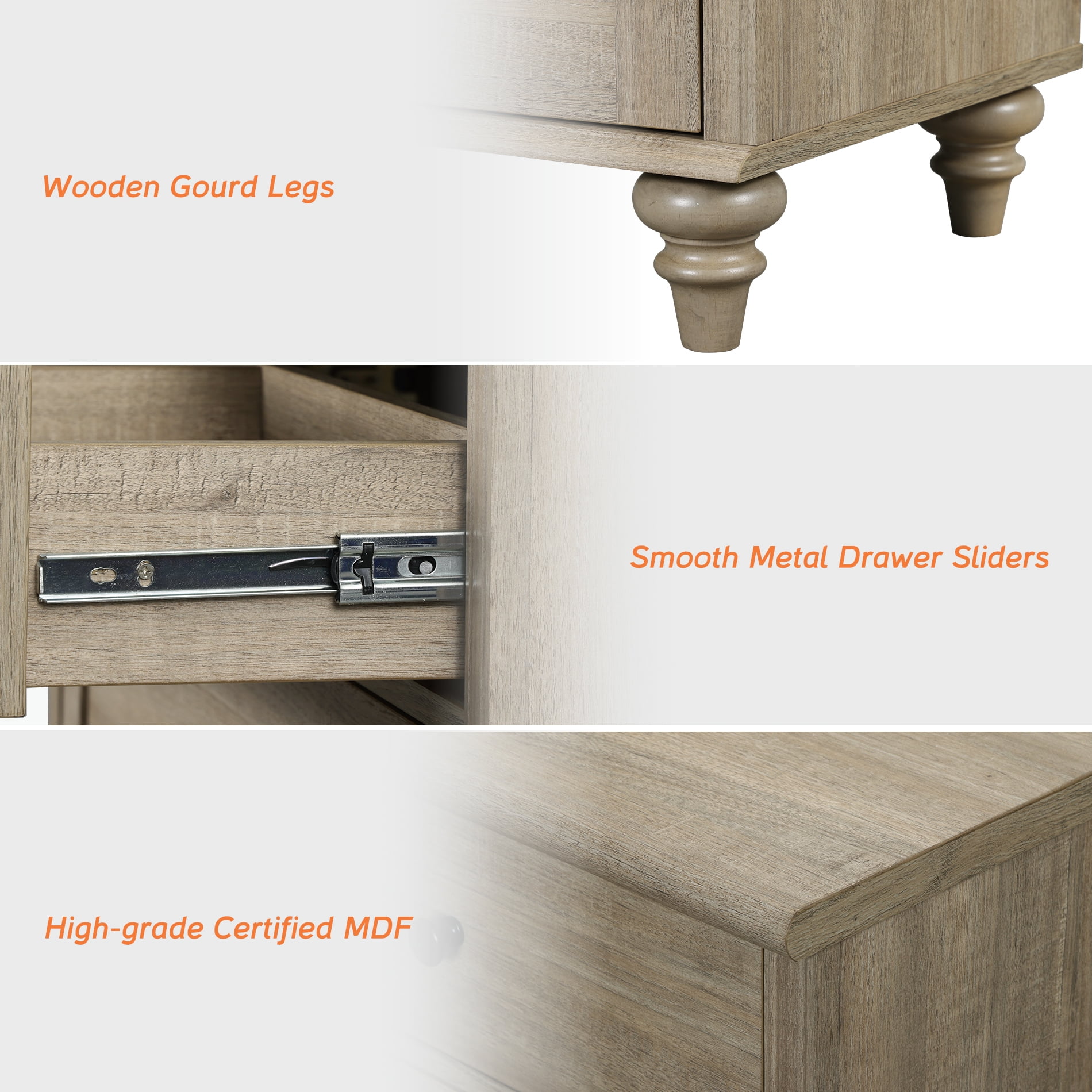 WAMPAT Set of 2 End Table With 6 Drawers, Mid Century Modern Wooden Nightstand Closet Storage Organizer for Bedroom, Living Room, Wash Grey, (2 PCS)