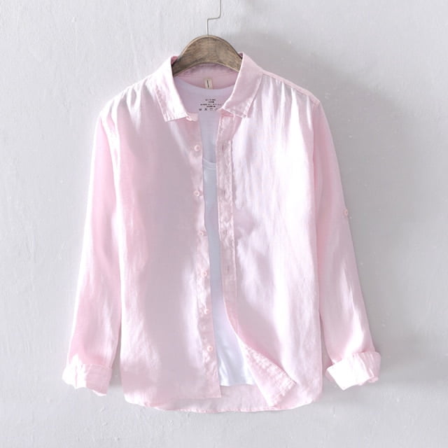 REDHOTYPE Chemises en Lin Pur pour Hommes Manches Longues Col Rabattu Bas Classique Basique Tops Mode Masculine Couleur Unie Vêtements Rétro