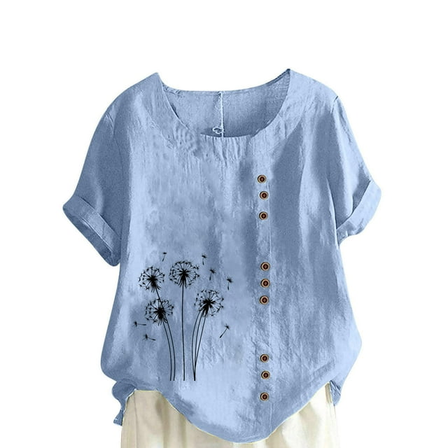 Vestidos Casuales Para Mujer, Blusas De Mujer De Moda Blusa informal de lino con cuello redondo, manga corta y botones para mujer