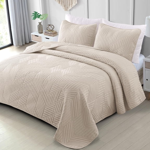 Full Queen Size Bedspread Set Ultrasonic Embossed Geometric Design Lightweight Quilt with Matching Pillow Shams, Beige