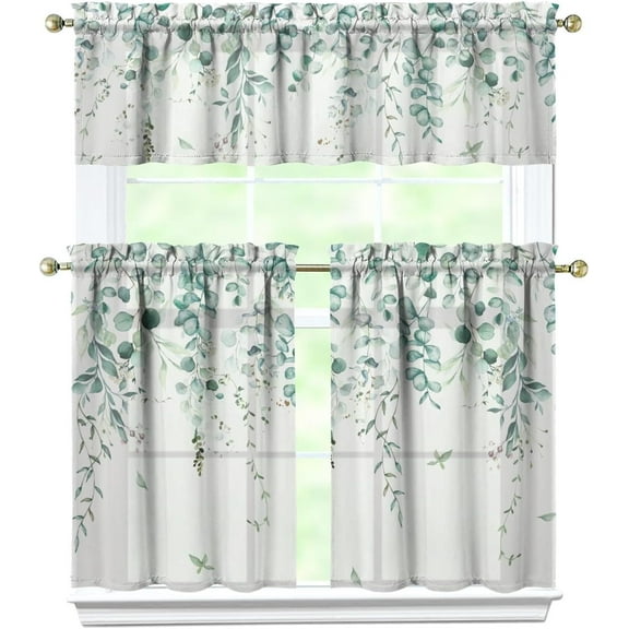 Sage Kitchen Curtain Valance 3 Piece Set, Sage Leaf Floral Kitchen Decor for Home Interior Decor, Farmhouse Kitchen Curtains and Valance Set Short Curtain Sink Window Decor 24 Inch